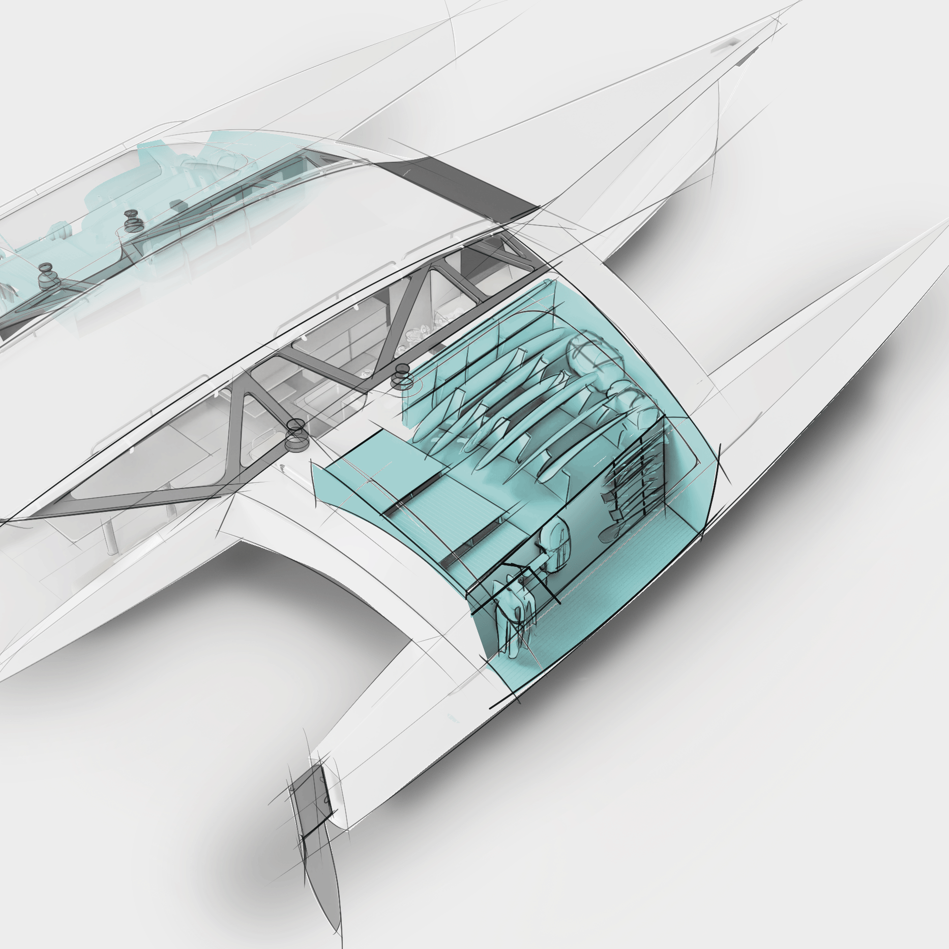 Newing wing storage with surfboards